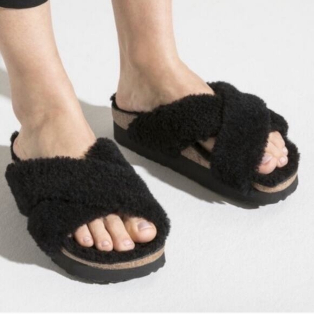 Papillio by Birkenstock Daytona 39 Black Shearling Slide Sandal Beachy NWOB